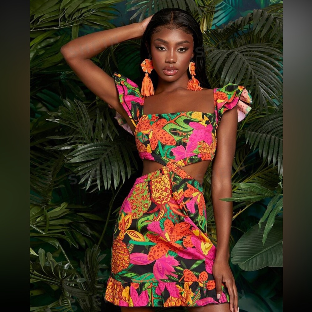 SHEIN Floral Fun Tropical Vacation Resort Cruise Cut Out Dress L